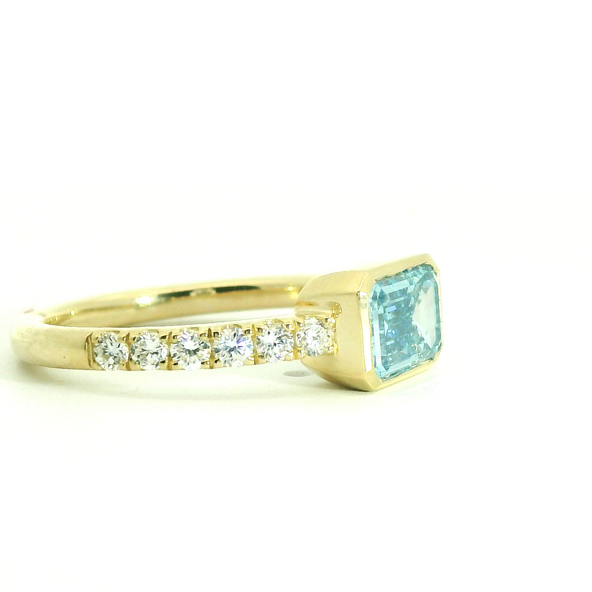 1.55ct East-West Blue Lab Diamond Ring with Ascending Diamond Accents in 14kt Yellow Gold