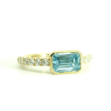 1.55ct East-West Blue Lab Diamond Ring with Ascending Diamond Accents in 14kt Yellow Gold