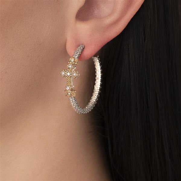 14K Gold and Sterling Silver, Diamond Cross Hoop Earrings